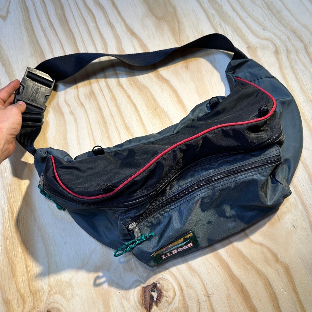 LL Bean Vintage Oversized Fanny Pack Waist Bag Gray Black Red Trim OS